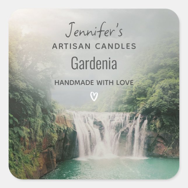 Lovely Waterfall in a Mountain Forest Candle Biz Square Sticker (Front)