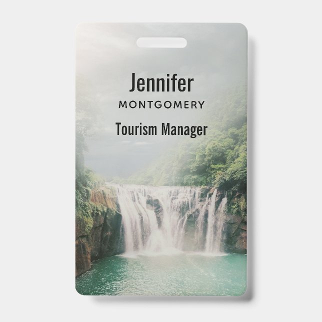 Lovely Waterfall in a Mountain Forest ID Badge (Front)