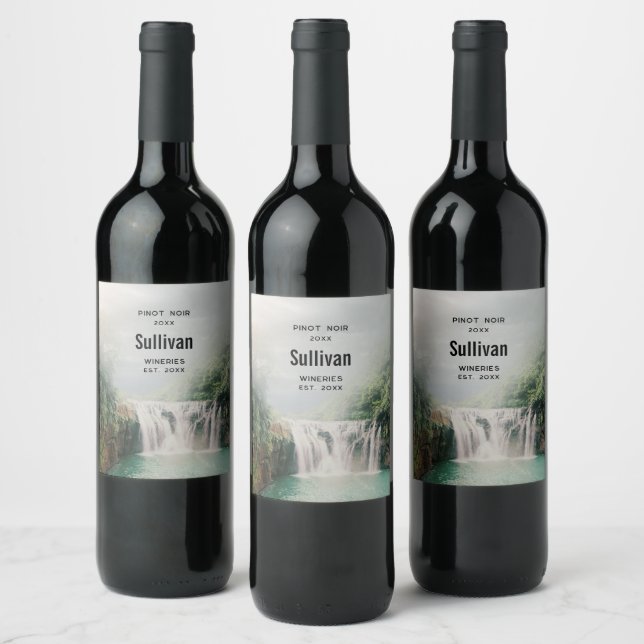 Lovely Waterfall in a Mountain Forest Wine Making Wine Label (Bottles)