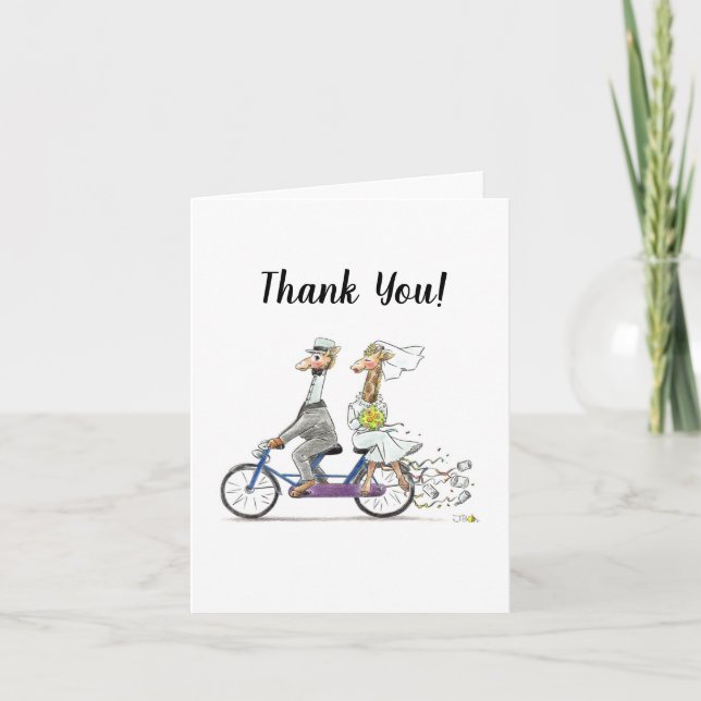 lovely wedding giraffe couple on bicycle thank you card (Front)