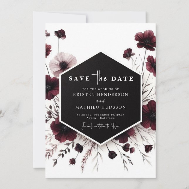 Lovely Whimsical Burgundy Wedding Save The Date (Front)