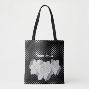 Lovely White Gardenia Flower Black White Polka Dot Tote Bag