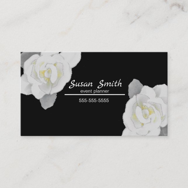 Lovely White Gardenia Flower on Black Business Card (Front)
