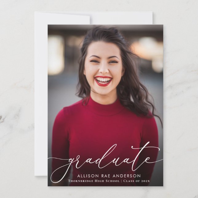 lovely white script graduation announcement card (Front)