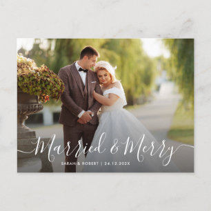 lovely white script holiday wedding announcement postcard