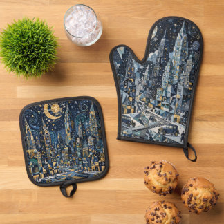 Lovely Winter In The Big City Oven Mitt & Pot Holder Set