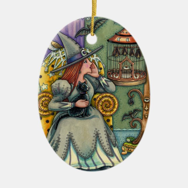 LOVELY WITCH, CAT & HER PETS, BAT CAGE, HALLOWEEN CERAMIC TREE DECORATION (Front)