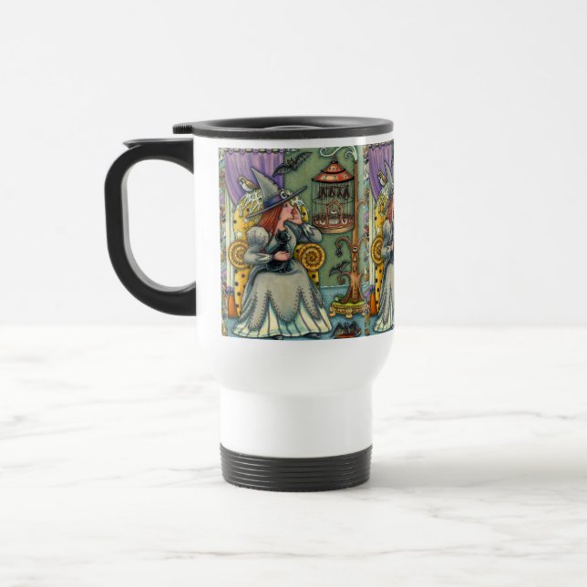 LOVELY WITCH, CAT & HER PETS, BAT CAGE, HALLOWEEN TRAVEL MUG (Left)