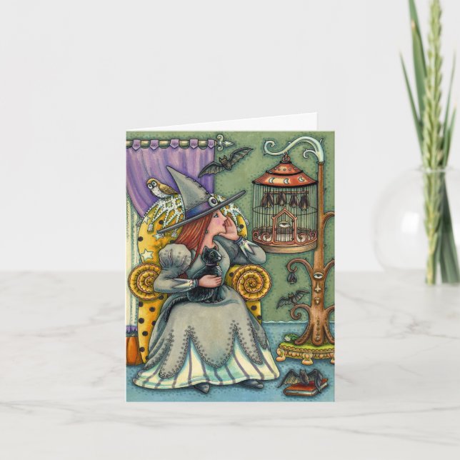 LOVELY WITCH, CAT, PETS, BAT CAGE, HALLOWEEN Blank Note Card (Front)