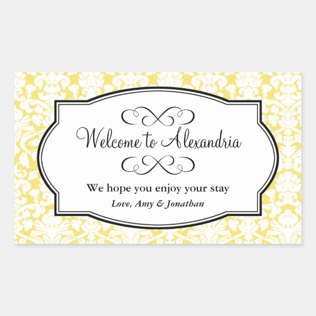 Lovely yellow damask pattern out of town gift bag rectangular sticker (Front)