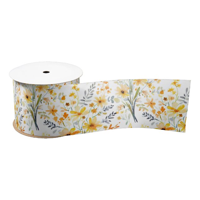 Lovely yellow spring wildflowers satin ribbon (Spool)