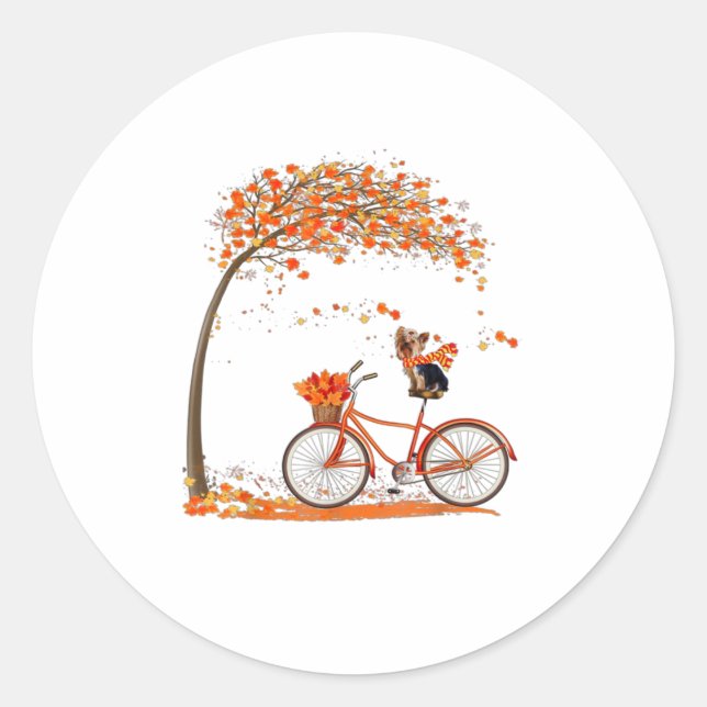 Lovely Yorkie in fall funny dog riding bicyc Classic Round Sticker (Front)