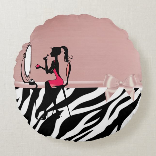 Lovely Zebra Print,Ribbon Bow,Women Silhouette Round Cushion (Front)