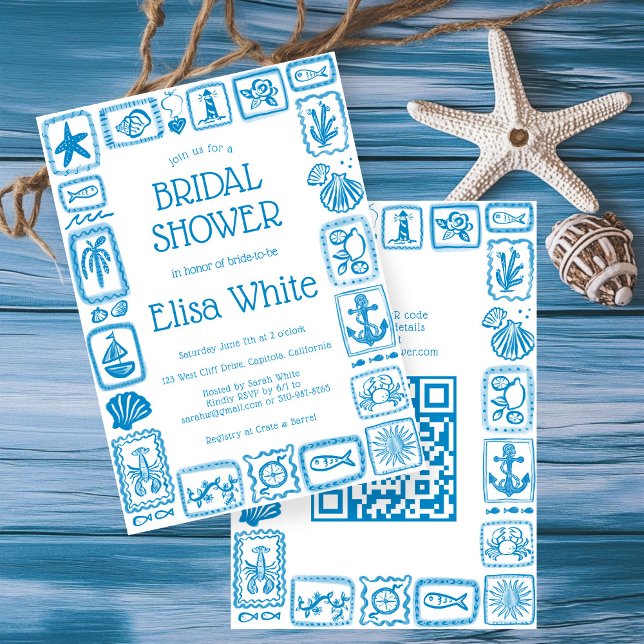 LoveNotes from Sea Bridal Shower Modern CUSTOM QR Invitation (LoveNotes from Sea  Modern Preppy Beach CUSTOM QR Code Bridal Shower Invitation
)