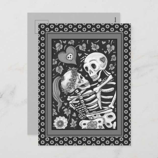 LOVERS AMONG THE IVY, SWEETHEART SKELETONS EMBRACE HOLIDAY POSTCARD (Front/Back)