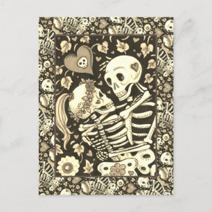 LOVERS AMONG THE IVY, SWEETHEART SKELETONS EMBRACE HOLIDAY POSTCARD
