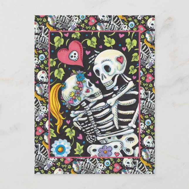 LOVERS AMONG THE IVY, SWEETHEART SKELETONS EMBRACE HOLIDAY POSTCARD (Front)