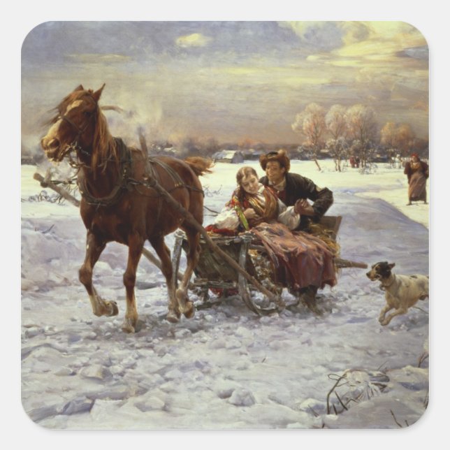 Lovers in a sleigh square sticker (Front)
