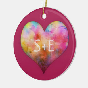 Lovers Initials Colourful Distressed Art Heart Ceramic Tree Decoration