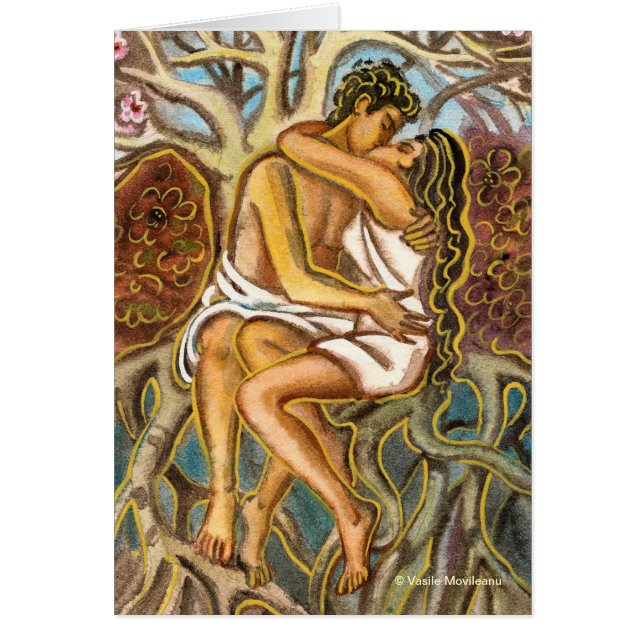 Lovers kissing each other under a blooming tree (Front)