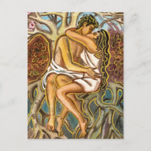 Lovers kissing each other under a blooming tree postcard