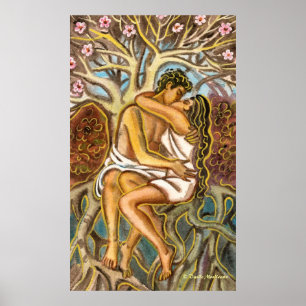 Lovers kissing each other under a blooming tree poster