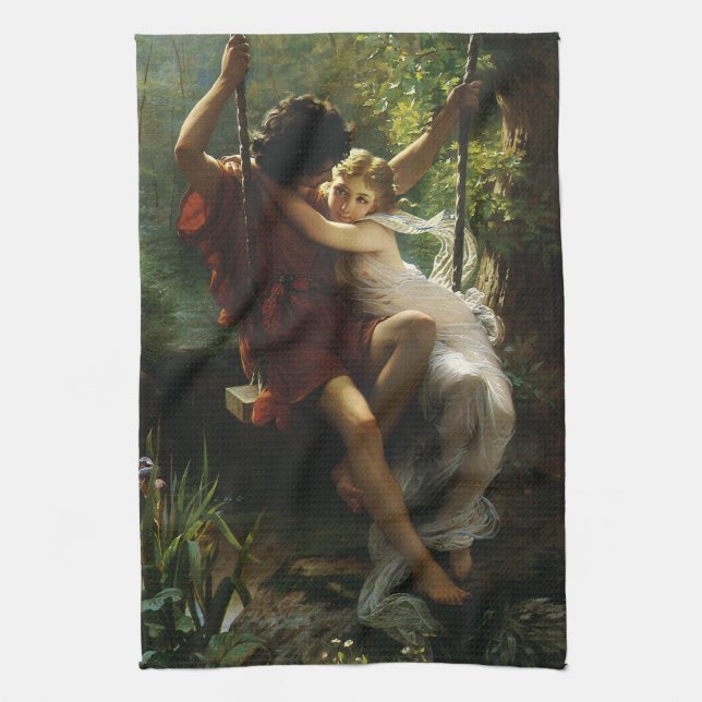 Lovers on a Swing. Spring by Pierre Auguste Cot Tea Towel (Vertical)