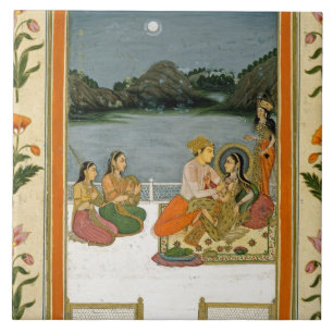 Lovers on a terrace by a moonlit lake, from the Sm Tile