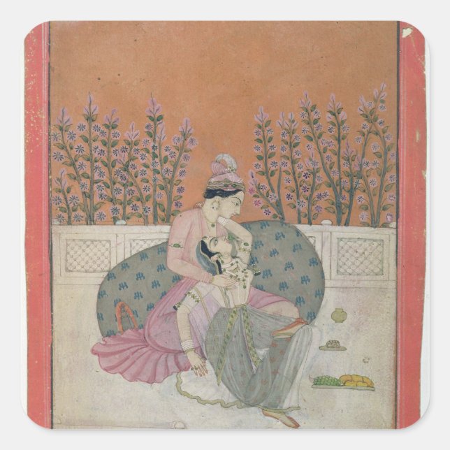 Lovers on a Terrace, Pahari Square Sticker (Front)
