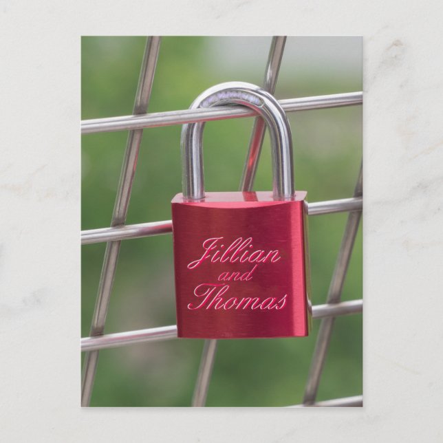 Lovers Padlock Specialised Red Calligraphic Text Postcard (Front)