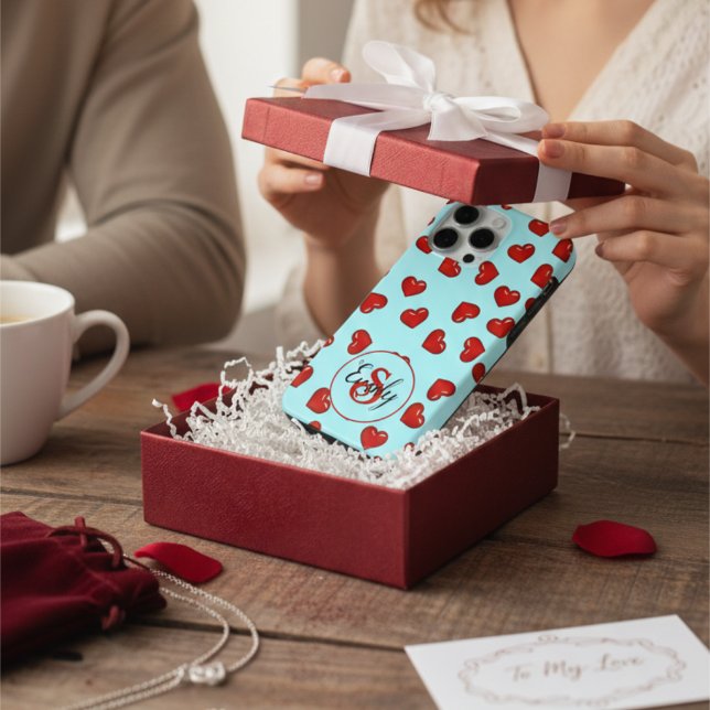 lovers Red heart pattern on Blue Custom Monogram iPhone Case (Creator Uploaded)