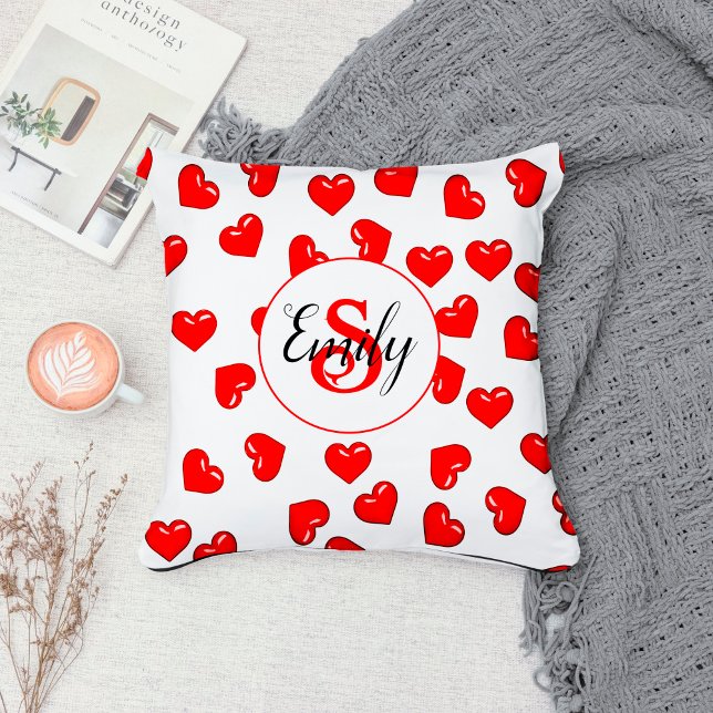 Lovers red heart pattern on white monogrammed cushion (Creator Uploaded)