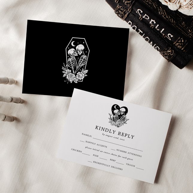 Lovers Until Death Skeletons & Roses Wedding RSVP Invitation (Creator Uploaded)