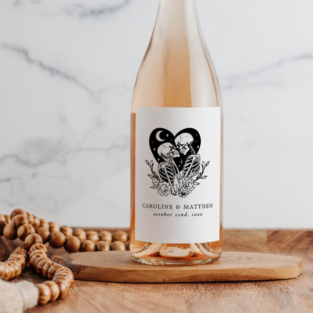 Lovers Until Death Skeletons & Roses Wedding Wine Label (Creator Uploaded)