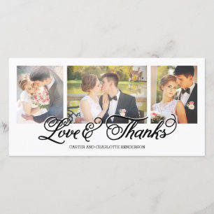 Loves and Thanks Black Script 3-Photo Thank You Card