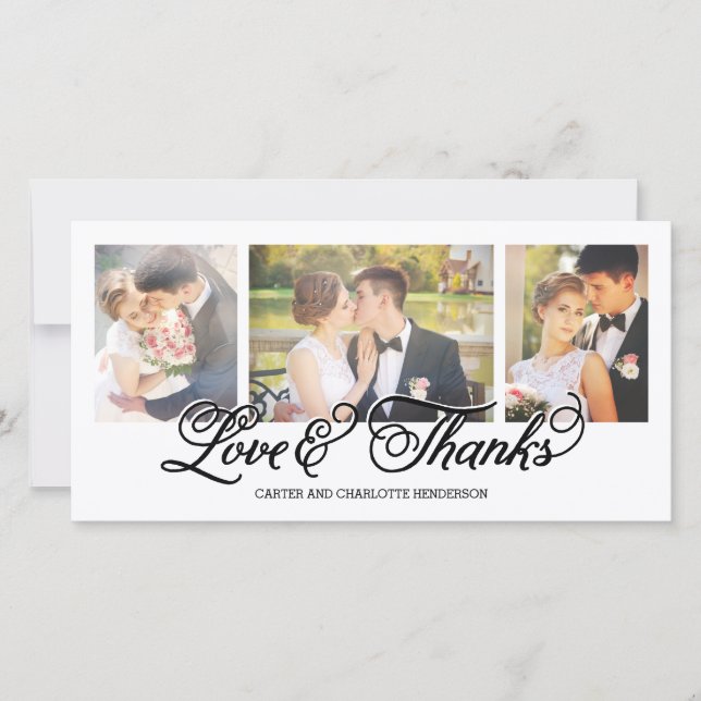 Loves and Thanks Black Script 3-Photo Thank You Card (Front)