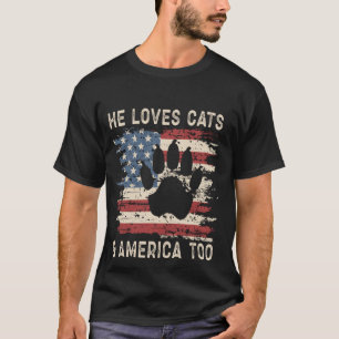 Loves Cats and America Too - Patriotic America Cat T-Shirt