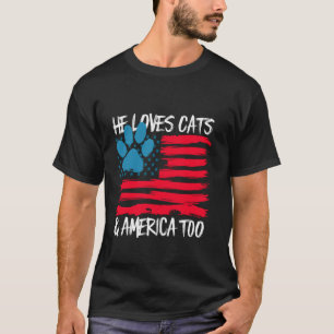 Loves Cats and America Too - Patriotic America Cat T-Shirt