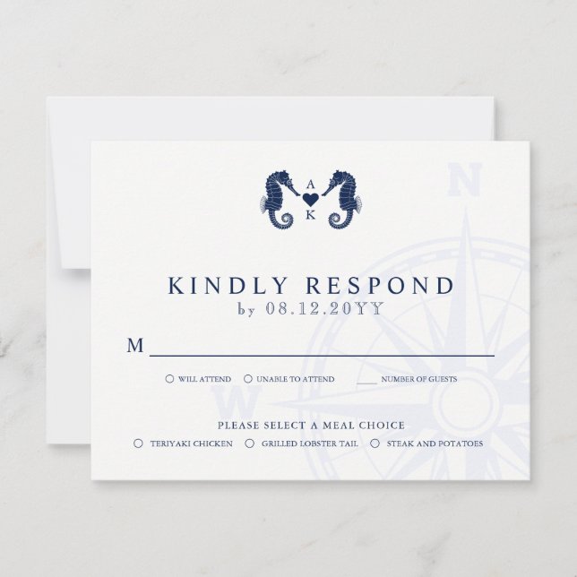 Love's Tide | Seahorse Theme Wedding RSVP Meals Card (Front)