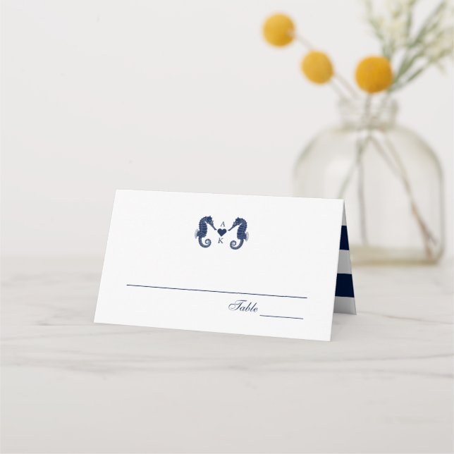 Love's Tide Seahorse Themed Dual Monograms Place Card (Front)