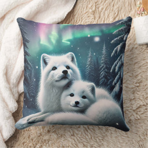Loving Arctic Foxes Northern Lights Snowy Forest Cushion
