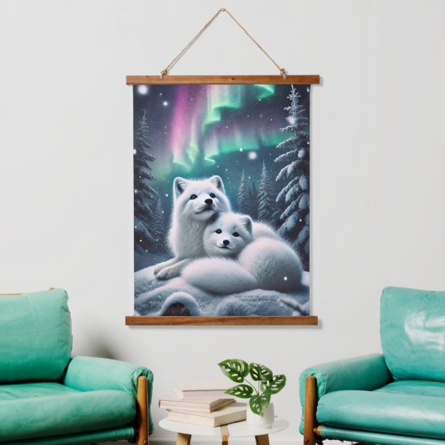 Loving Arctic Foxes Northern Lights Snowy Forest Hanging Tapestry (Living Room)