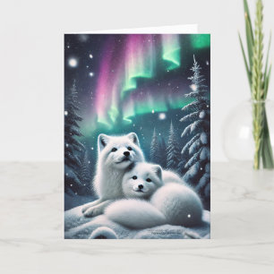 Loving Arctic Foxes Northern Lights Snowy Forest Holiday Card