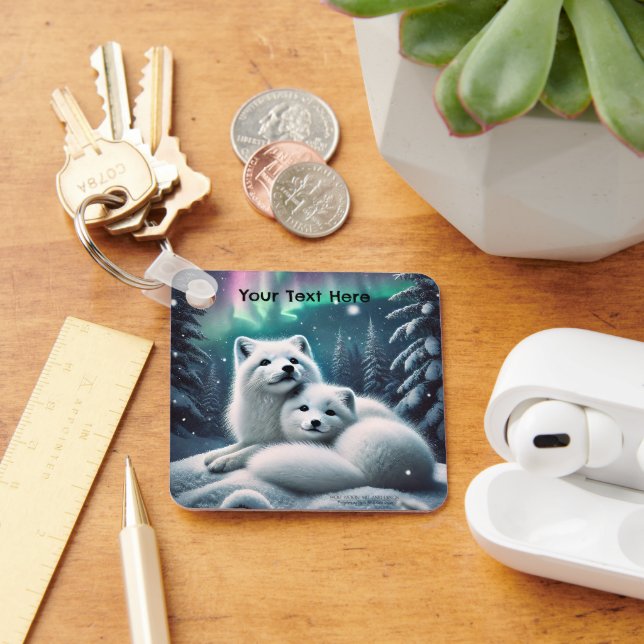 Loving Arctic Foxes Northern Lights Snowy Forest Key Ring (Desk)