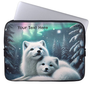 Loving Arctic Foxes Northern Lights Snowy Forest Laptop Sleeve