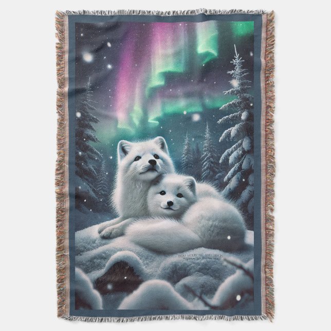 Loving Arctic Foxes Northern Lights Snowy Forest Throw Blanket (Front Vertical)