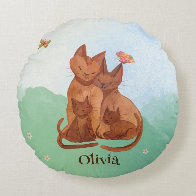 Loving Cat Family Round Cushion (Front)