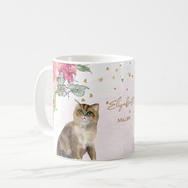 Loving Cat Illustration Gold Glitter Girl Gift Coffee Mug (Front Left)
