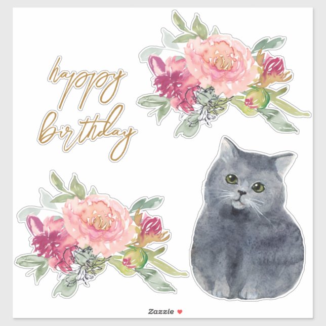 Loving Cat Illustration Happy Birthday Girl Party (Sheet)