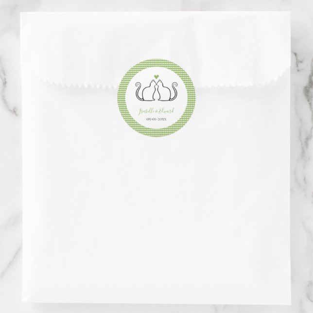Loving Cats Heart Green & White Gingham Names Classic Round Sticker (Bag)